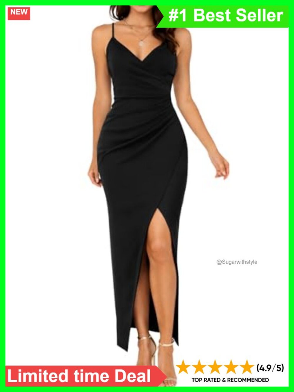 Elegant V Neck Wrap Bodycon Maxi Dress Spaghetti Strap Ruched Slit Formal